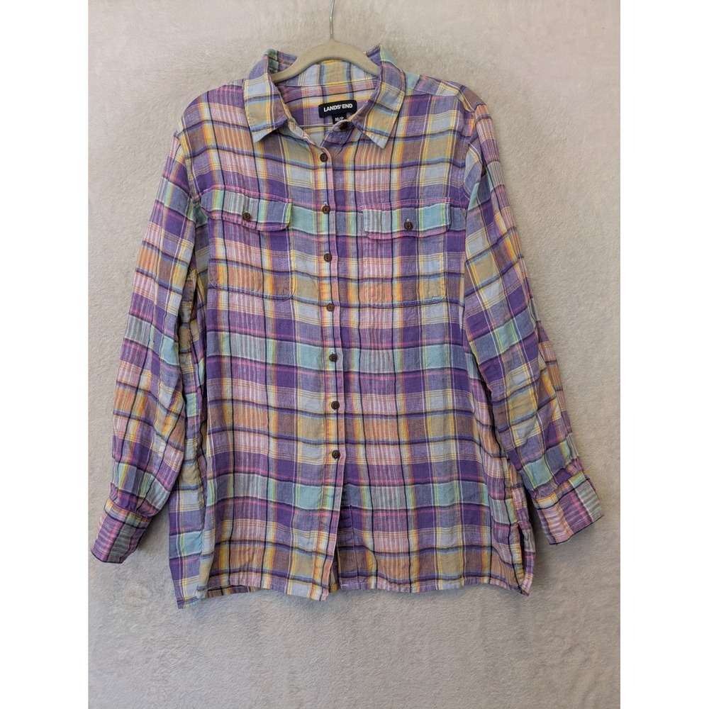 Lands' End Button Down Women's M/P Purple Plaid 100% Linen Long Sleeve Shirt